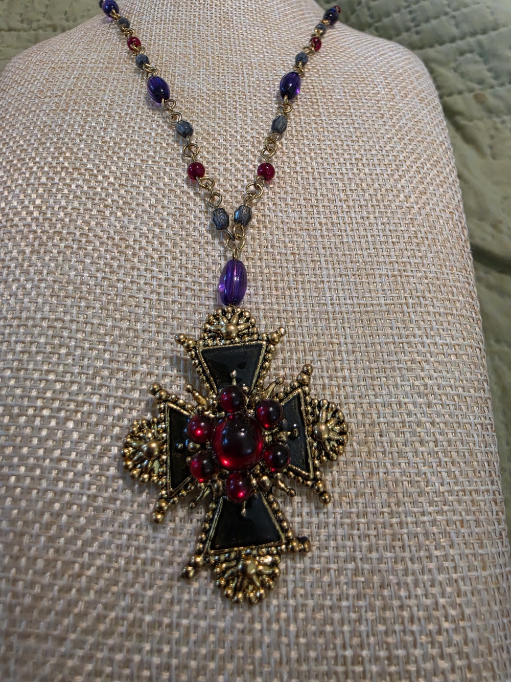 Gold-Tone Cross Pendant Necklace with Red and Purple Beads